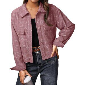 Women's Fashion Cropped Dark Rose Red Shirts Button Down Casual Jacket Coat Tops